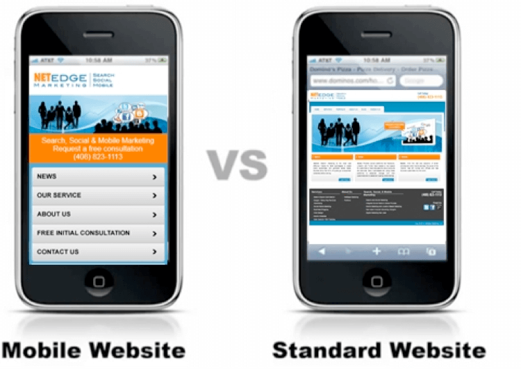 a mobile phone showing a mobile website and a mobile phone showing a non-mobile website for comparison