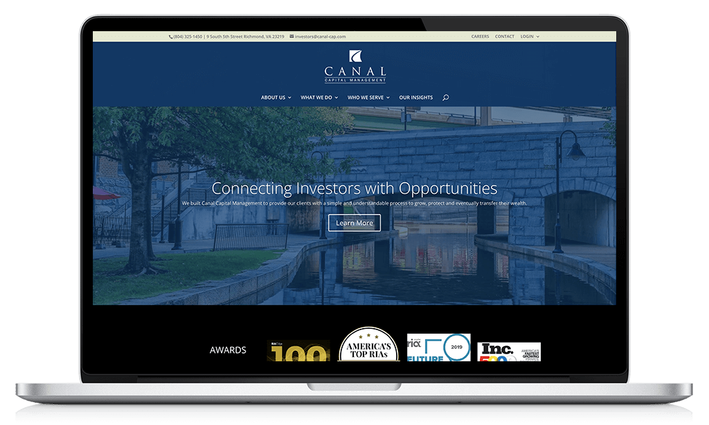 Advisor Designs' client, Canal Capital Management website desktop and mobile viewport