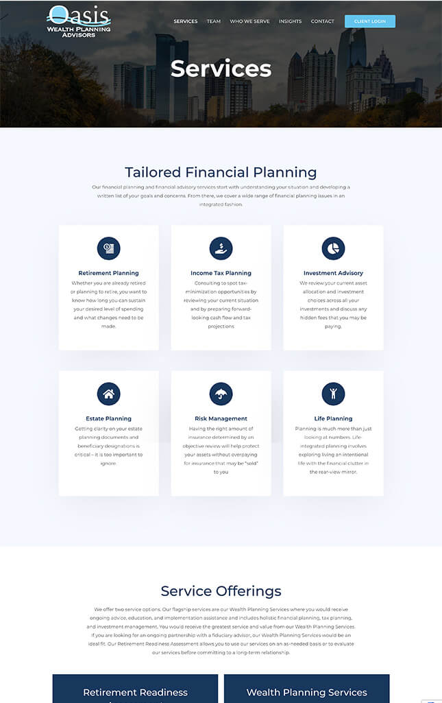 Financial advisor website case study of Oasis Wealth Planning Advisors services web page