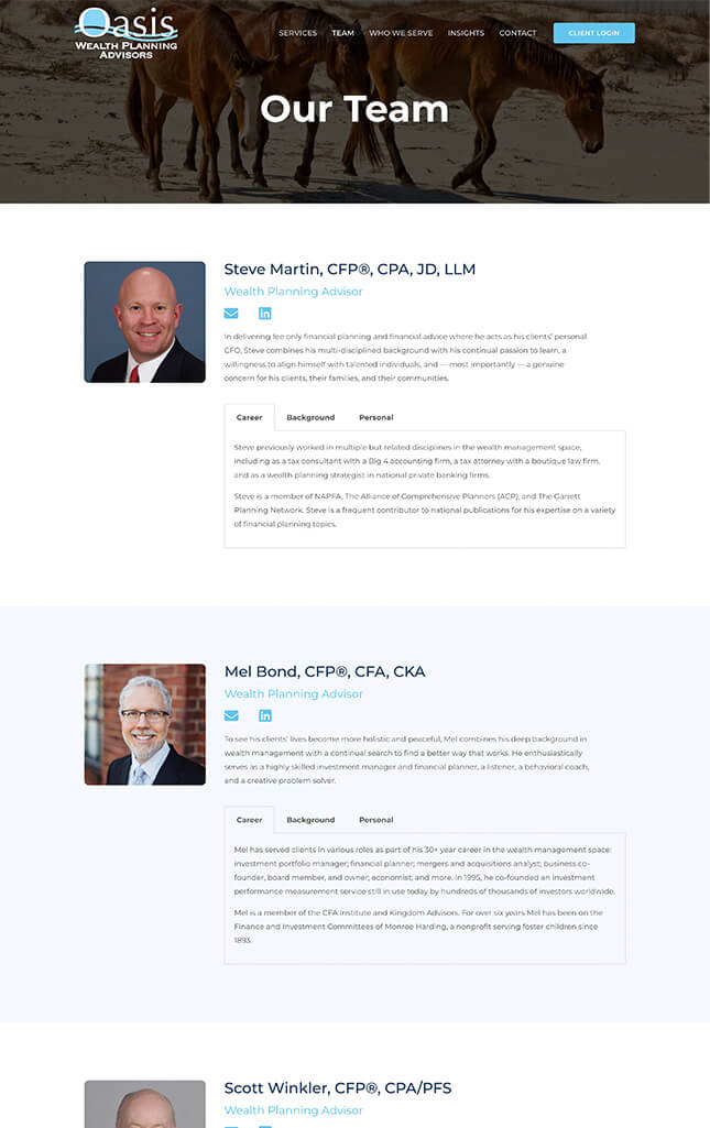 Financial advisor website case study of Oasis Wealth Planning Advisors team web page