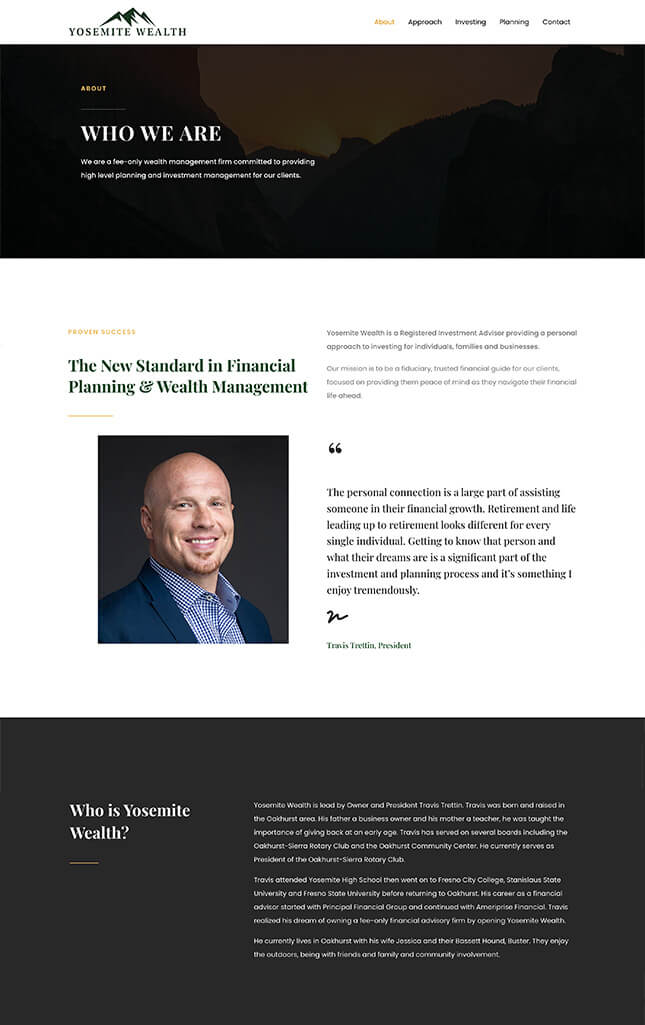 Financial advisor website case study of Yosemite Wealth who we are web page